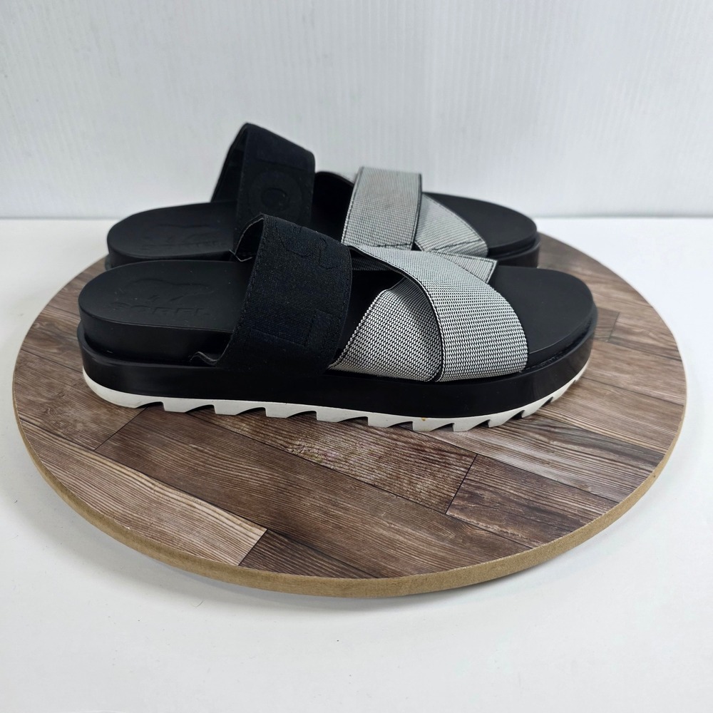 Sorel Roaming Sport Slide Sandals Womens 7 Black White Crisscross Elastic Strap